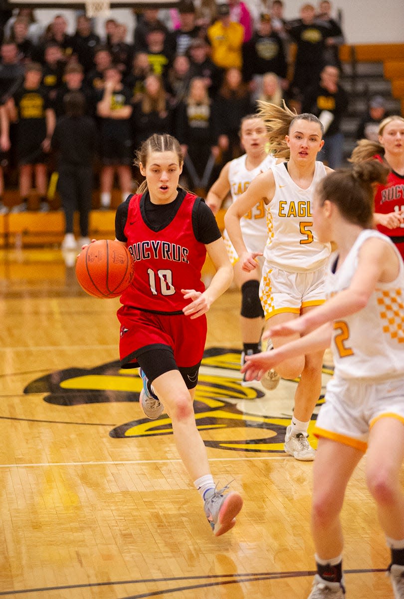 Bucyrus' Brook Dennison brings the ball up court in transition.