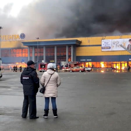 A supermarket fire is seen in St. Petersburg, Russia November 10, 2018 in this still image taken from a video obtained from social media. YERANA AKOPKOKHVIAN/via REUTERS
