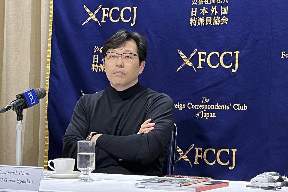 Producer Joseph Chou attends a press conference at FCCJ on Feb. 21, 2023. Chou, a producer and chief executive of Tokyo-based Sola Digital Arts, which created the animation work called “Blade Runner: Black Lotus.” (AP Photo/Yuri Kageyama)