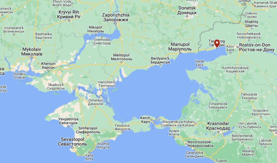 A closer look at Taganrog in relation to Ukraine. <em>Google Maps</em>