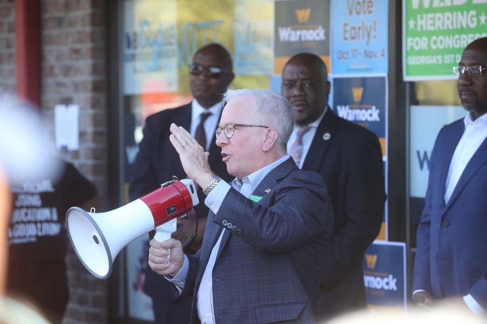 US House candidate Wade Herring speaks to supporters during a campaign event on October 25, 2022.