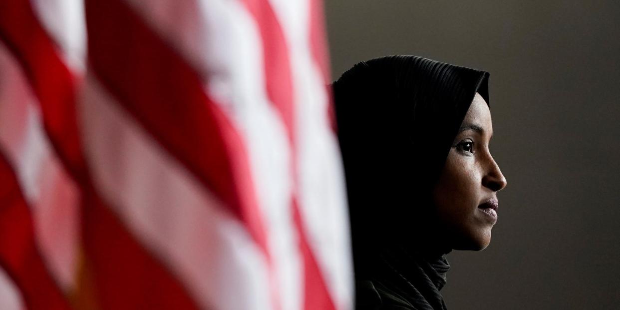 Democratic Rep. Ilhan Omar of Minnesota at a news conference addressing Rep. Lauren Boebert’s Islamophobic comments on Capitol Hill on November 30, 2021.