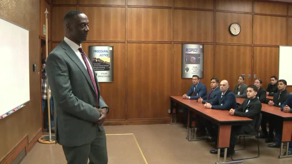 <div>Oakland Police Chief Floyd Mitchell talks to police candidates on his first real day on the job. May 13, 2024</div>