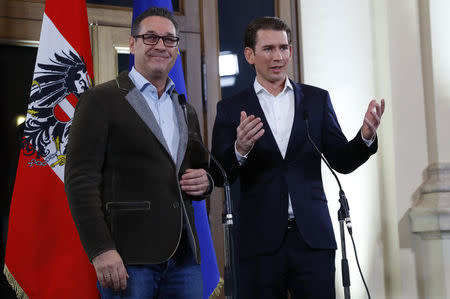 Head of the Freedom Party (FPOe) Heinz-Christian Strache (L) and head of the People's Party (OeVP) Sebastian Kurz address a news conference in Vienna, Austria, December 15, 2017. REUTERS/Leonhard Foeger