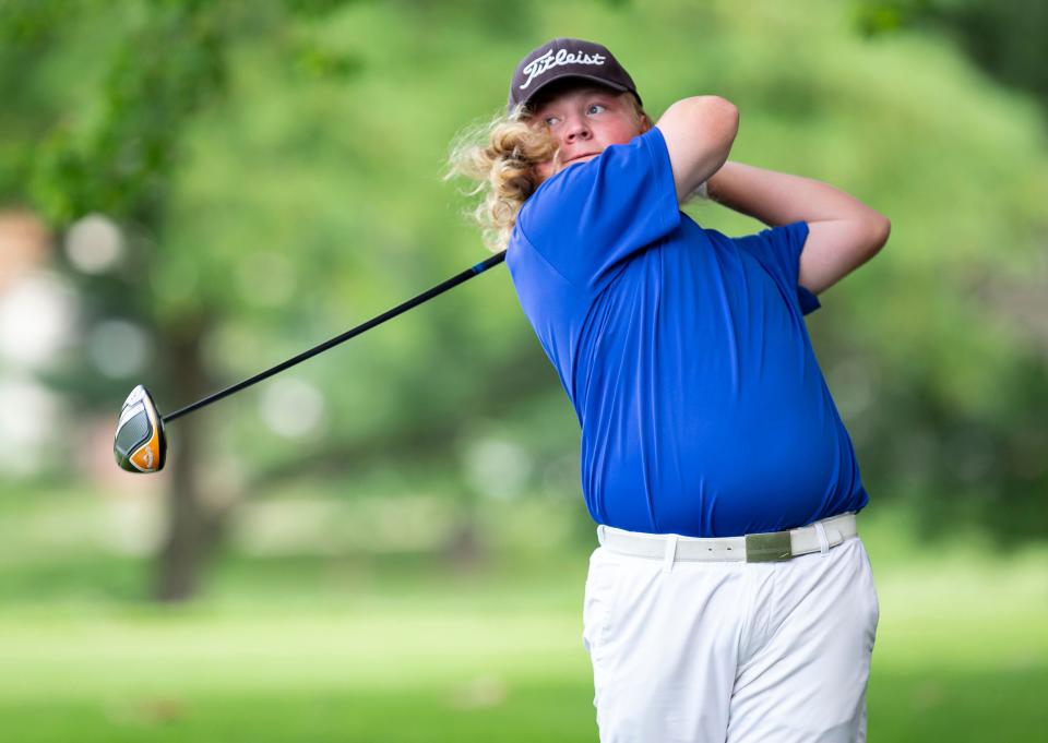 Peyton Woods tees off on the No. 5 hole in the Championship Flight for the Kone Elevator Drysdale Junior Golf Tournament at Bunn Golf Course in Springfield, Ill., Thursday, July 15, 2021. [Justin L. Fowler/The State Journal-Register] 