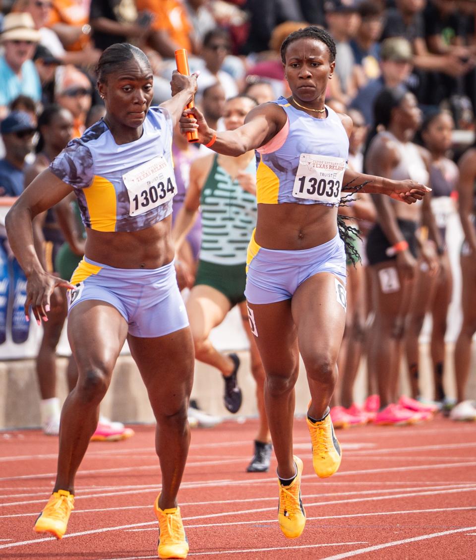 Former Longhorn Rhasidat Adeleke, right, teams up with Longhorns legend Julien Alfred as the pros win the 1600-meter relay at the Texas Relays on Saturday. The team, made up of a mix of international professionals, also set a meet record in their 800-meter relay victory.