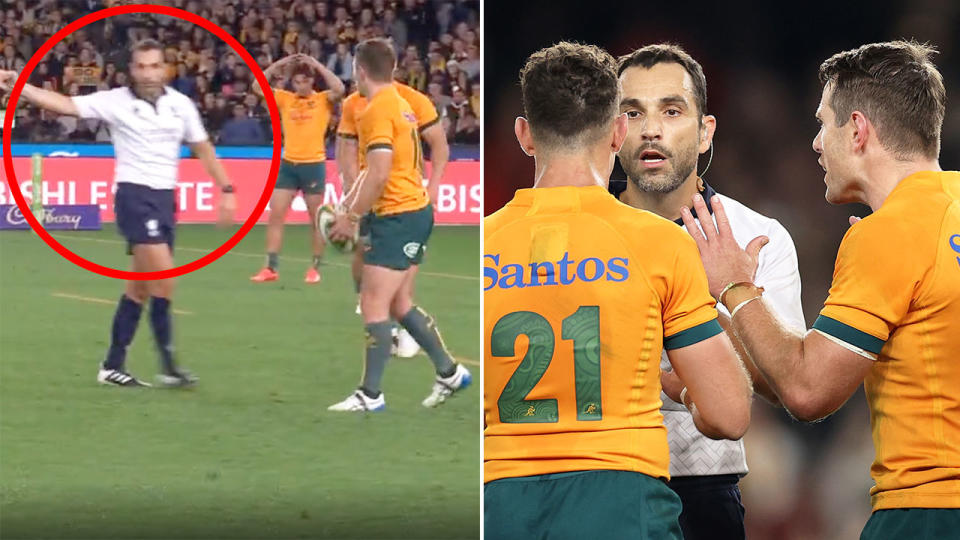 Seen here, Wallabies players argue with the referee after their Bledisloe Cup defeat against the All Blacks in Melbourne. 