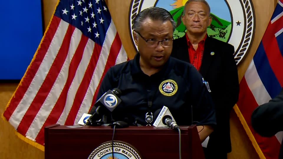 Herman Andaya, then Maui's emergency management agency chief, speaks at a news conference this month. He resigned Thursday. - KGMB/KHNL