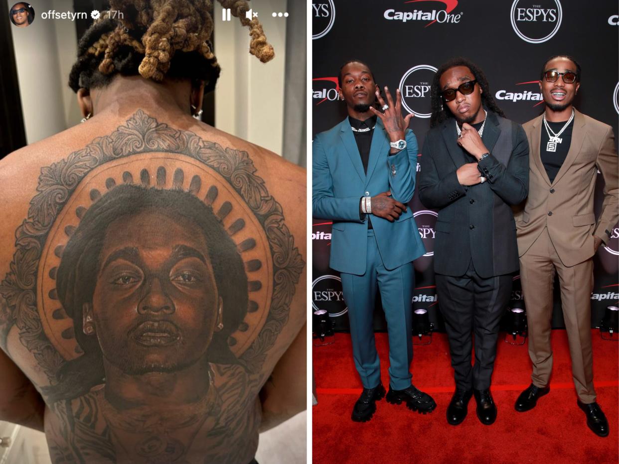 A photo of Offset's Takeoff tattoo; Migos on the red carpet.