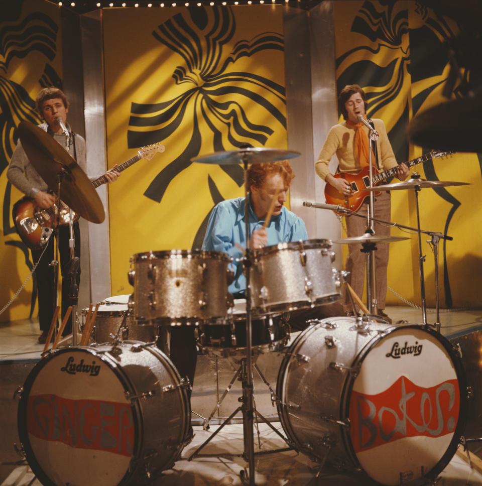 LONDON - 25th JANUARY: British rock group Cream perform the song 'I Feel Free' on BBCTV show 'Top Of The Pops' in London on 25th January 1967. Left to right: bassist Jack Bruce, drummer Ginger Baker and guitarist Eric Clapton. (Photo by Mark and Colleen Hayward/Redferns)