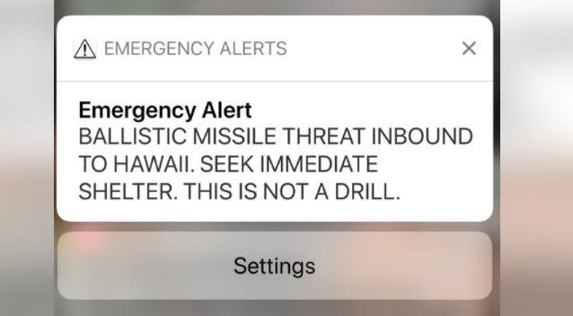 The push alert sent to Hawaii residents warning of a missile threat was accidental, official say. Photo: Twitter