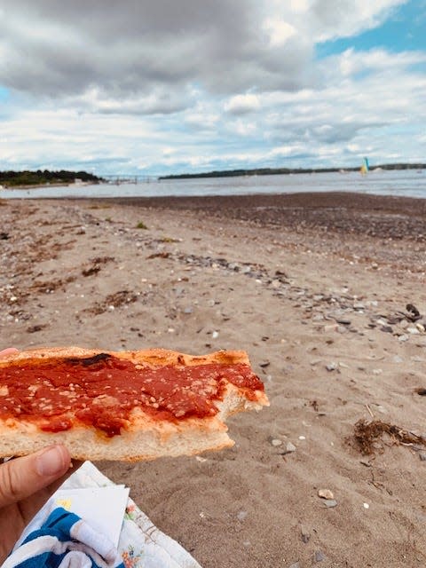 Pizza strips on the beach.