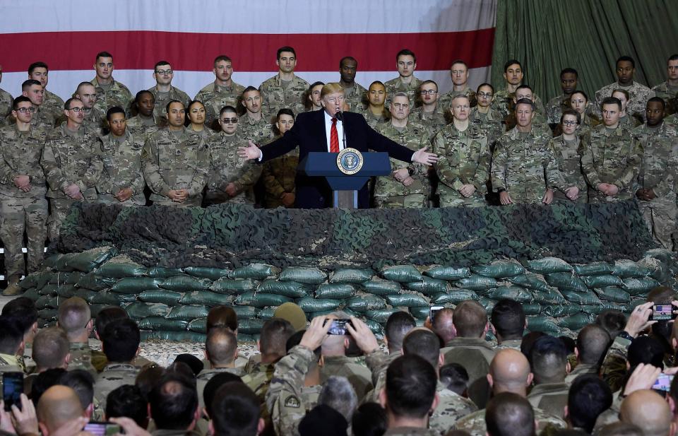 President Donald Trump speaks to the troops during a surprise Thanksgiving day visit at Bagram Air Field, on Nov. 28, 2019, in Afghanistan. 