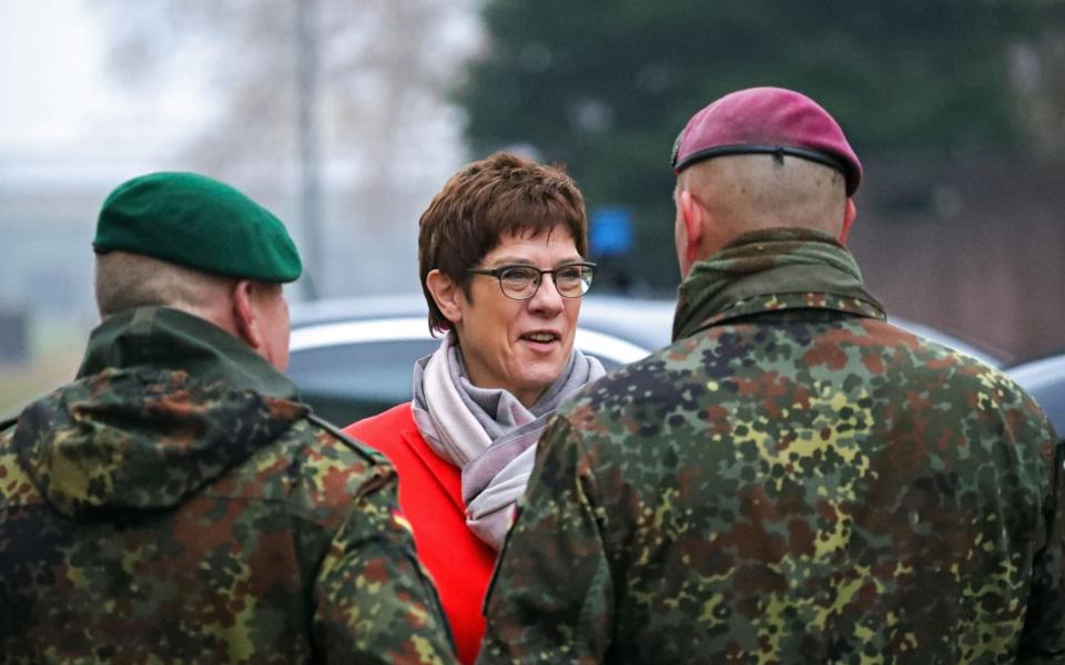 Mandatory Credit: Photo by ARMANDO BABANI/EPA-EFE/REX (10484491m) German Defense Minister Annegret Kramp-Karrenbauer during her visit Airborne Brigade 1 of the German armed Forces (Bundeswehr) in Saarlouis, Germany, 25 November 2019. German Defense Minister visits Bundeswehr troops in Saarland state, Saarlouis, Germany - 25 Nov 2019 - ARMANDO BABANI/EPA-EFE/REX