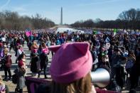 People rally at the Lincoln Memorial for the second edition of the anti-Donald Trump Women's March on Washington