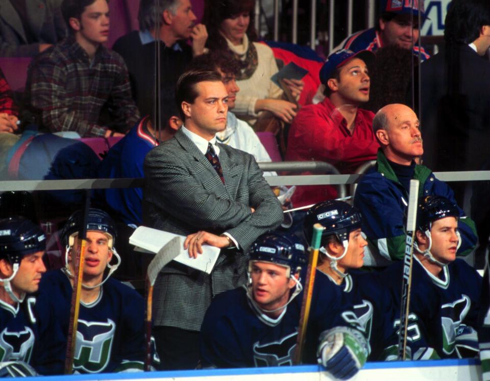 A very young Paul Maurice behind the Hartford Whalers bench.  (Photo by Bruce Bennett Studios via Getty Images Studios/Getty Images)