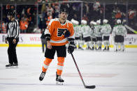 Philadelphia Flyers' Travis Konecny skates off the ice after the third period of an NHL hockey game against the Dallas Stars, Monday, Jan. 24, 2022, in Philadelphia. (AP Photo/Derik Hamilton)