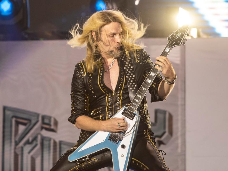 Guitarist Richie Faulkner of Judas Priest performs during the Power Trip Music Festival at the Empire Polo Club in Indio, Calif., Saturday, Oct. 7, 2023.