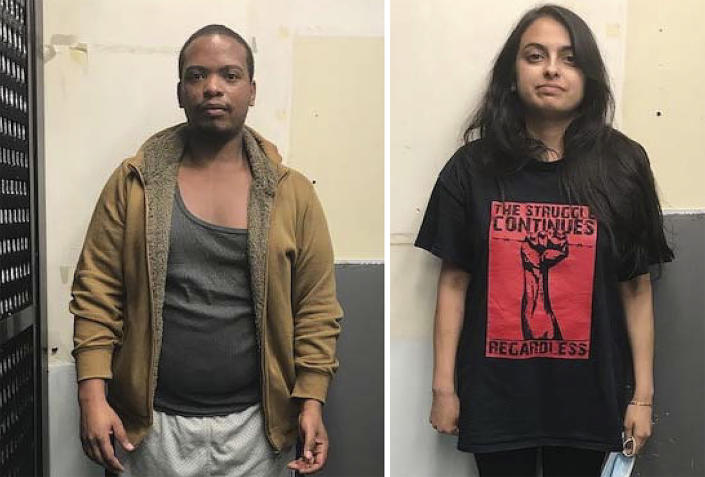 In this May 30, 2020 combination of booking photos Colinford Mattis, left, and Urooj Rahman, both Brooklyn attorneys, are shown after they were arrested for allegedly firebombing a police vehicle in New York. (U.S. Attorney&#39;s Office via AP)