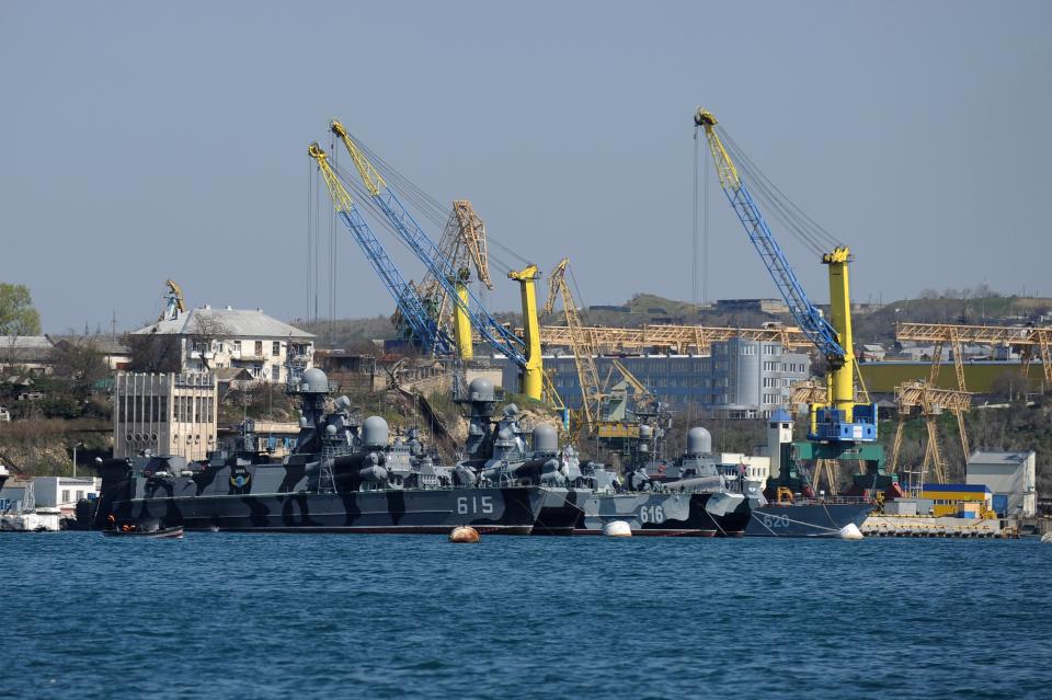 Russian Black Sea fleet ships anchored in one of the bays of Sevastopol, Crime (AP)