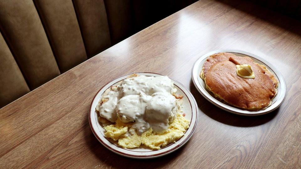 The Barnyard Buster with biscuits, eggs and country fries covered with country sausage gravy from Tee Jaye's Country Place.