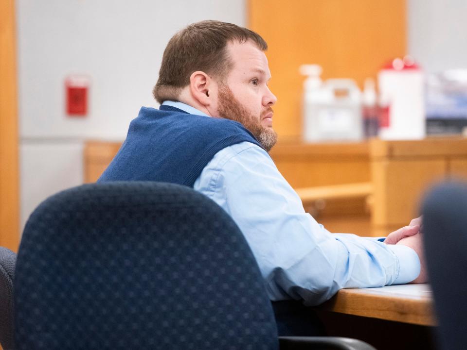 Christopher Stacey listens to witness testimony during court proceeding on Tuesday, Sept. 19, 2023. Stacey is accused of murdering one person, attempting to murder another, and dumping their bodies across the Alabama line. He shot Dalton Davis and Troy Boutwell and left their bodies in Alabama on June 2, 2018