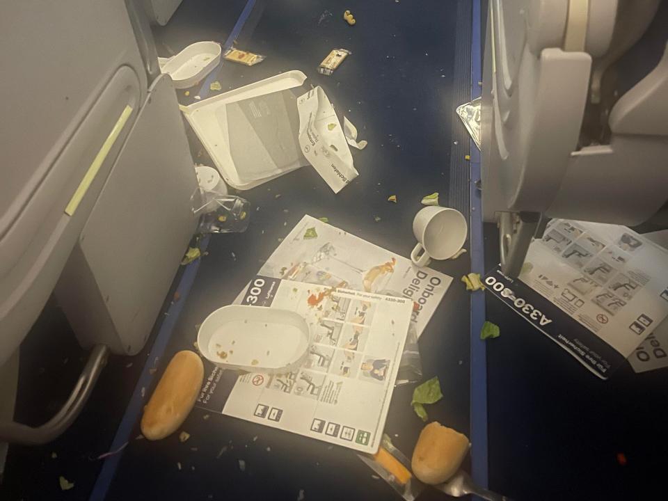 The inside of the plane after Lufthansa Flight 469 hit "severe turbulence" en route to Frankfurt, Germany.