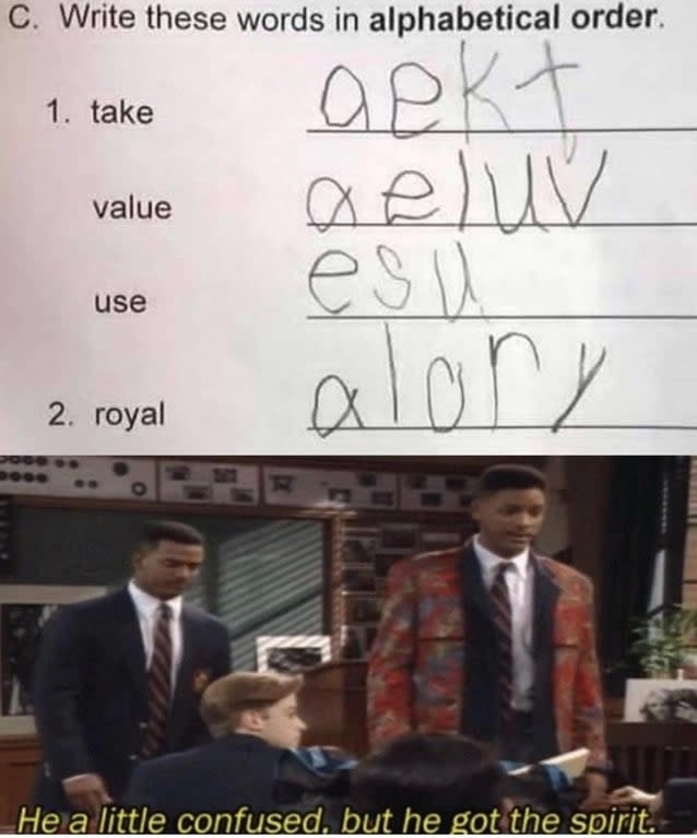 An incorrect homework assignment shows words in alphabetical order next to images from "The Fresh Prince of Bel-Air" with a humorous caption: "He a little confused, but he got the spirit."