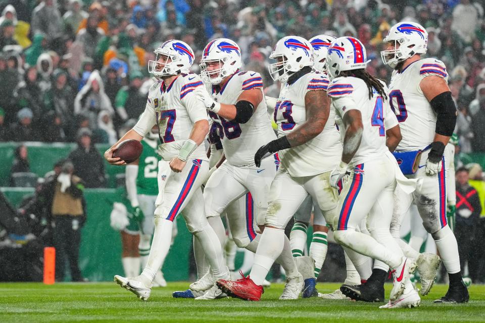 PHILADELPHIA, PENNSYLVANIA - NOVEMBER 26: Josh Allen #17 of the Buffalo Bills celebrates after a rushing touchdown during the second quarter against the Philadelphia Eagles at Lincoln Financial Field on November 26, 2023 in Philadelphia, Pennsylvania. (Photo by Mitchell Leff/Getty Images)