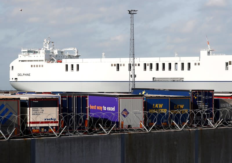Delphine cargo vessel is seen at the port of Zeebrugge after British police found bodies inside a lorry container in Grays, Essex, in Zeebrugge