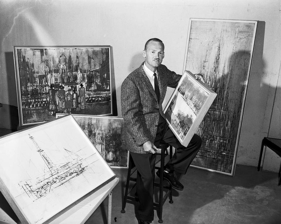 David S. Brownlow with a number of his paintings planned for a 1958 one-person show. Brownlow left defense work to pursue art full time at the urging of Fort Worth patron and collector Ted Weiner.