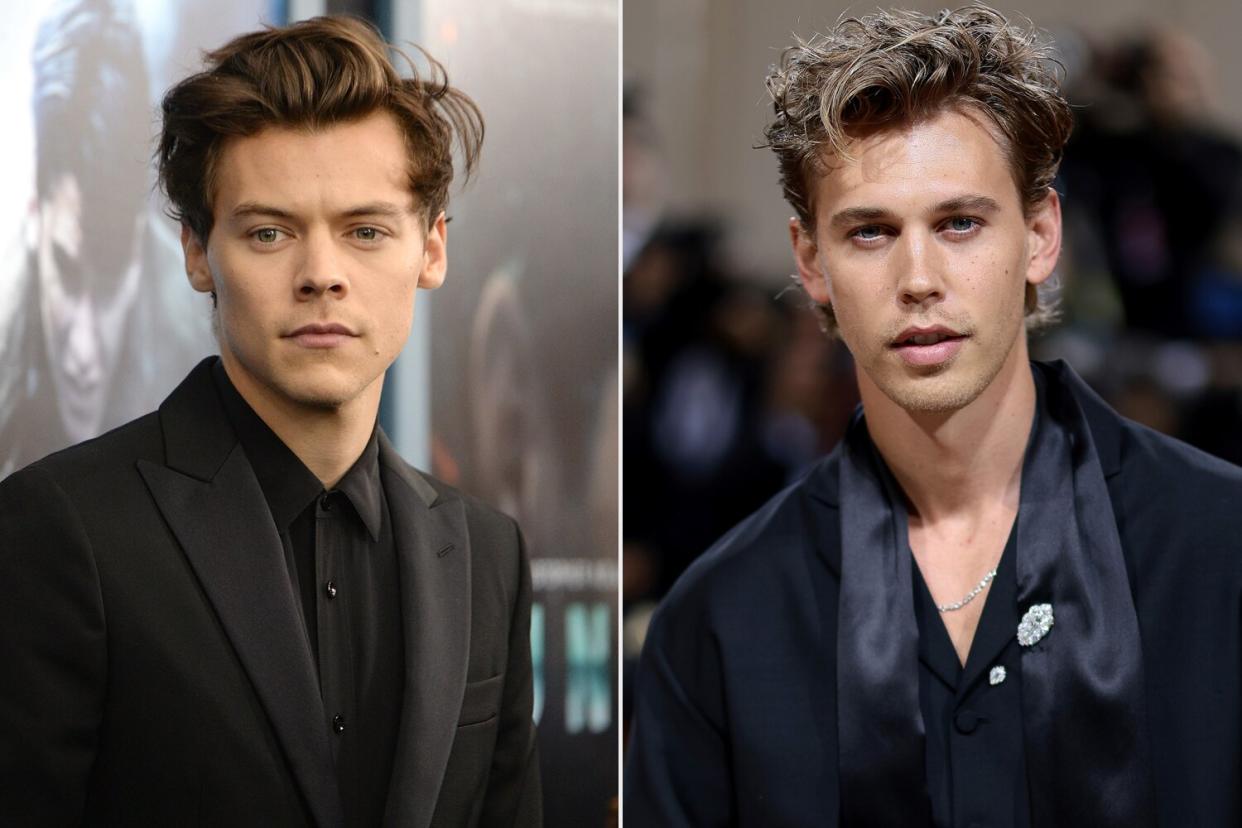 NEW YORK, NEW YORK - JULY 18: Harry Styles attends the "DUNKIRK" premiere in New York City. (Photo by Kevin Mazur/Getty Images); NEW YORK, NEW YORK - MAY 02: Austin Butler attends The 2022 Met Gala Celebrating "In America: An Anthology of Fashion" at The Metropolitan Museum of Art on May 02, 2022 in New York City. (Photo by Dimitrios Kambouris/Getty Images for The Met Museum/Vogue)