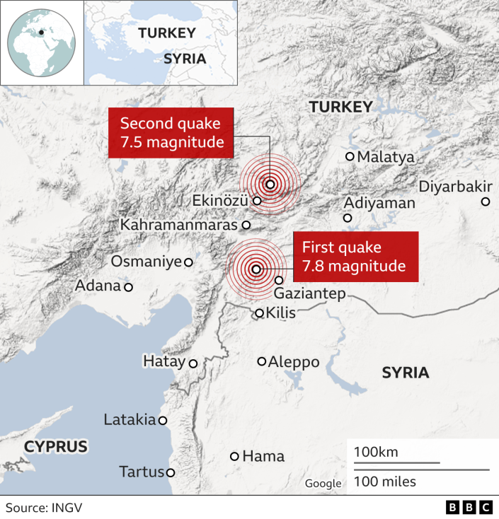 Carte montrant l'emplacement des deux tremblements de terre en Turquie