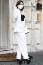 <p>Lady Gaga steps out in a chic, black-and-white ensemble and sky-high heels in Rome on Thursday.</p>