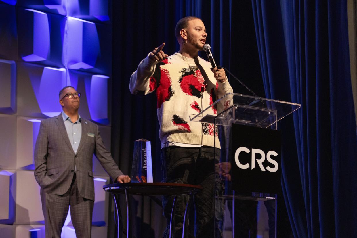 Kane Brown receiving the Artist Humanitarian Award by the Country Radio Broadcasters at the CRS Honors event, Feb. 29, 2024