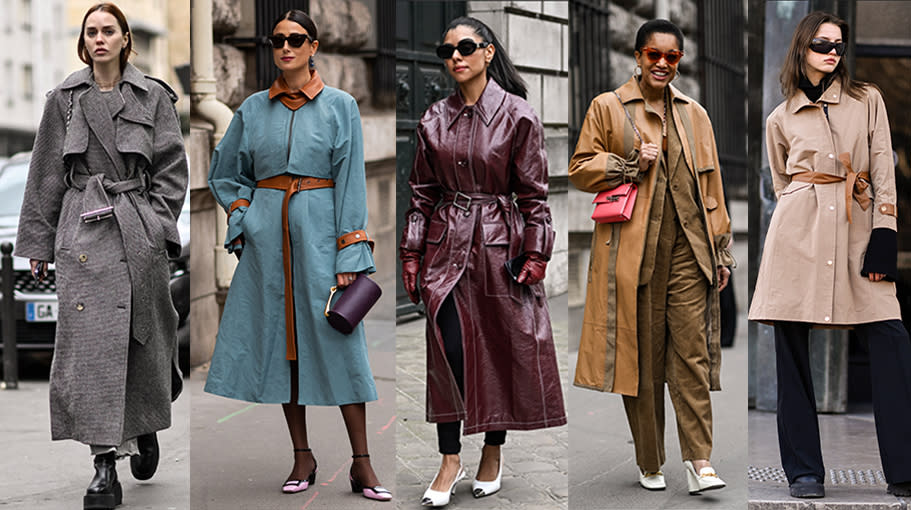 Left to right: Tiernan Cowling is seen wearing a gray coat and black shoes coat, black sweater and light blue and red beaded jeans outside the Akris show during Paris Fashion Week F/W 2023 on March 05, 2023 in Paris, France. (Photo by Daniel Zuchnik/Getty Images); Julia Haghjoo wears a turquoise trench coat with tan details and pink heels, outside Hermes, during Paris Fashion Week – Womenswear Fall Winter 2023 2024, on March 04, 2023 in Paris, France. (Photo by Claudio Lavenia/Getty Images); A guest is seen wearing a maroon trench coat and red gloves outside the Hermes show during Paris Fashion Week F/W 2023 on March 04, 2023 in Paris, France. (Photo by Daniel Zuchnik/Getty Images); Tamu McPherson is seen wearing a brown Hermes coat, brown jacket and pants, pink bag outside the Hermes show during Paris Fashion Week F/W 2023 on March 04, 2023 in Paris, France. (Photo by Daniel Zuchnik/Getty Images); A model is seen wearing a tan brown belted trench coat, black sweater, black pants and black shoes with black sunglasses outside the Giambattista Valli show during Paris Fashion Week F/W 2023 on March 03, 2023 in Paris, France. (Photo by Daniel Zuchnik/Getty Images)