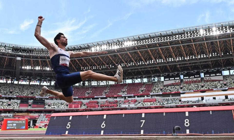 Miltiadis Tentoglou, winner of the men’s long jump final, in action