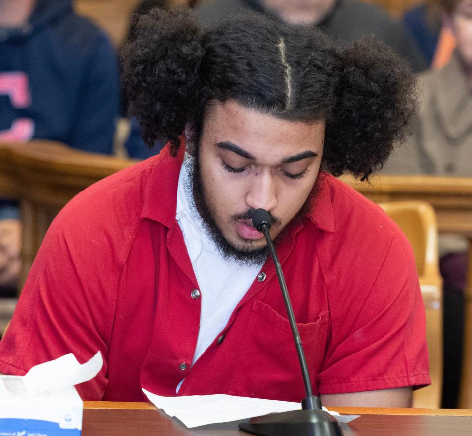 Taben Armstead reads a prepared statement to the family and friends of David Hughson IV before his sentencing Wednesday in Judge Taryn Heath's courtroom.