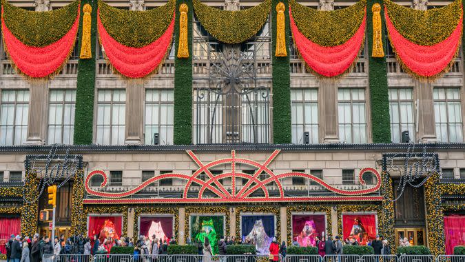 New York City, NY, USA - December, 2018 - Saks Fifth Avenue, luxury department stores, decorated for Christmas Holidays, Manhattan.