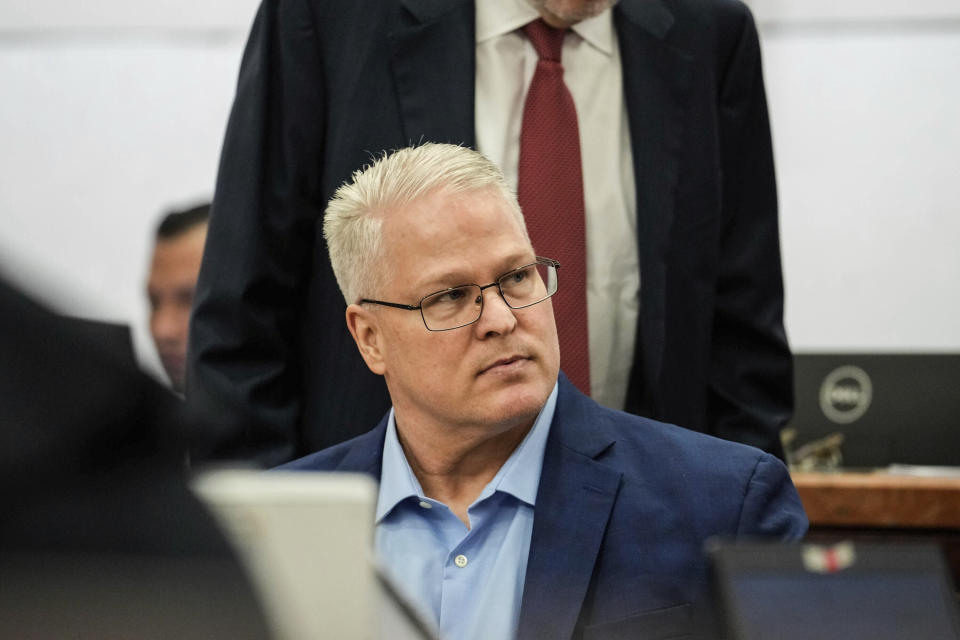 David Temple is shown during his sentencing trial in the Harris County 178th District Criminal Court Monday April 10, 2023 in Houston. David Temple was convicted for the second time for the murder of his pregnant wife, Belinda Lucas Temple, in Aug. 2019, but the sentencing was postponed due to the COVID-19 pandemic. (Raquel Natalicchio/Houston Chronicle via AP)