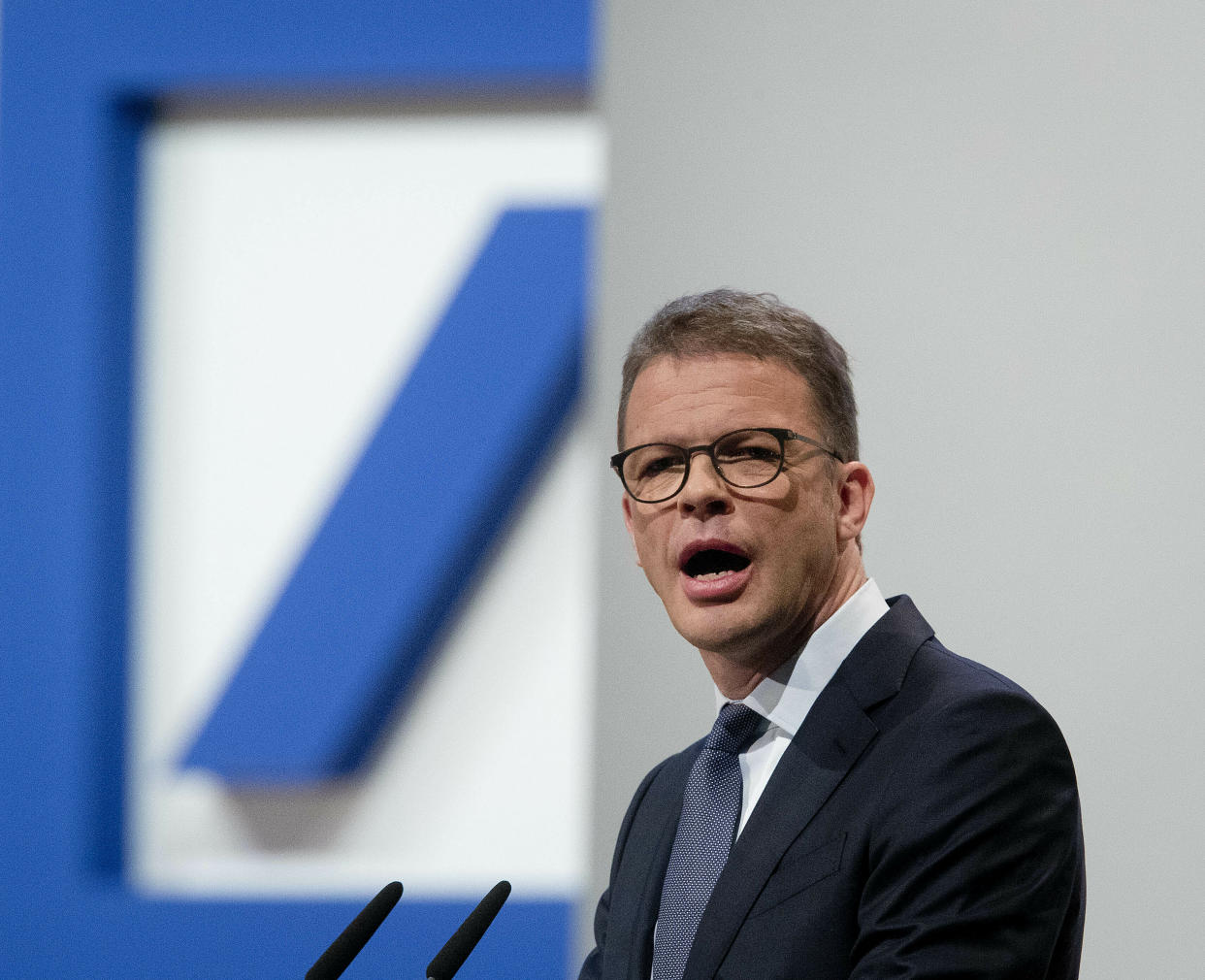 CEO of Deutsche Bank Christian Sewing speaks during the annual shareholders meeting in Frankfurt, Germany, Thursday, May 23, 2019. (AP Photo/Michael Probst)