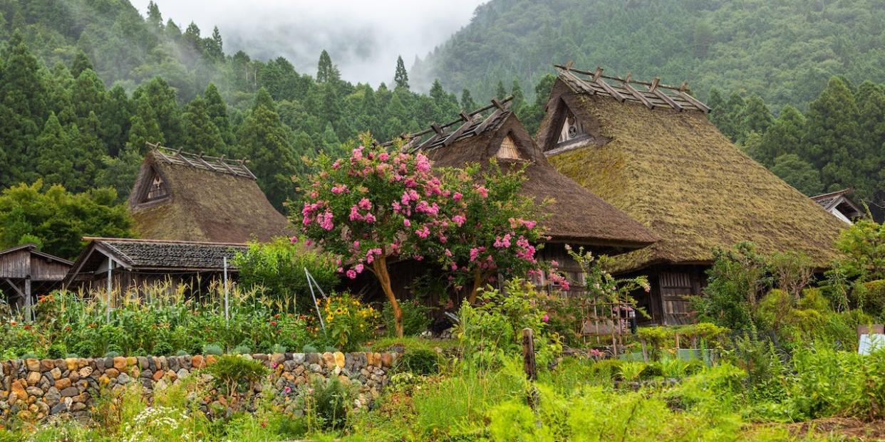 Thatched roofed houses in a traditional village, Kyoto Prefecture, Miyama, Japan on August 9, 2018 in Miyama, Japan.