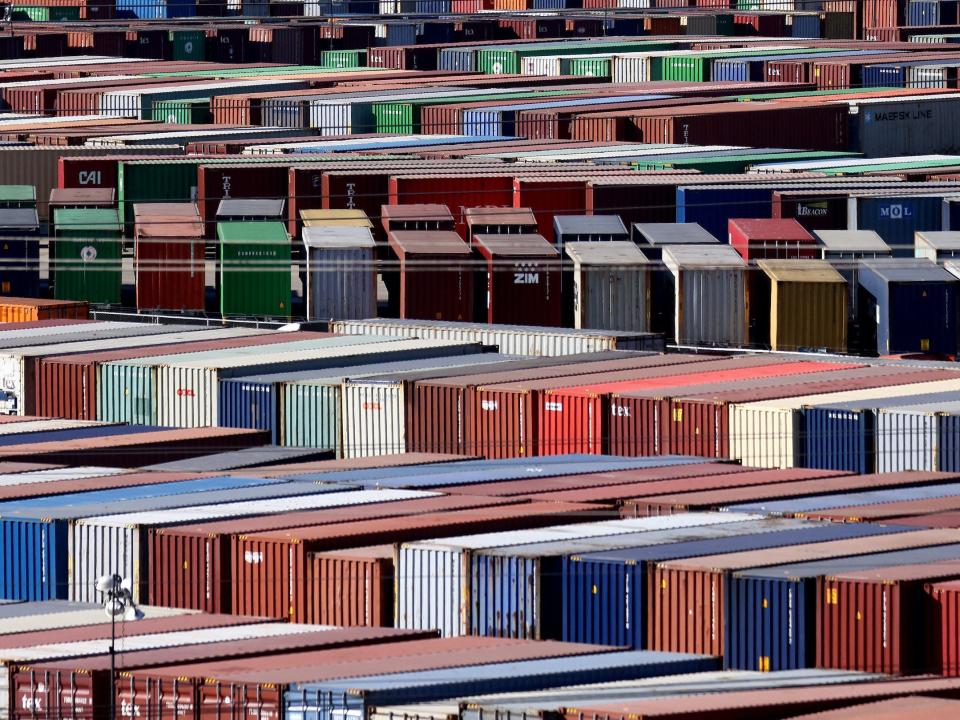 Shipping containers lined up in rows forming a zigzag pattern at the Port of Los Angeles