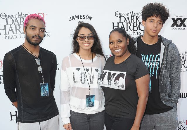 <p>Albert L. Ortega/Getty</p> Shar Jackson and her kids Kori, Kaleb and Donovan in 2019