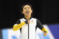 Japan's Miho Takagi looks up after skating during the women's 1500-meter World Cup speedskating race at the Utah Olympic Oval, Sunday, Dec. 5, 2021, in Kearns, Utah. (AP Photo/Rick Bowmer)