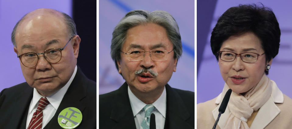 FILE - This combination of three file photos taken March 14, 2017 shows Hong Kong chief executive candidates, from left, former judge Woo Kwok-hing, former Financial Secretary John Tsang and former Chief Secretary Carrie Lam, speaking during a chief executive election debate in Hong Kong. Hong Kong’s next leader will be chosen Sunday, March 26, 2017 by an election committee stacked with pro-Beijing elites who heed the wishes of China’s communist leaders rather than the semiautonomous region’s voters. A closer look at each potential replacement to unpopular incumbent Leung Chun-ying, whose term ends in June. (AP Photo/Vincent Yu, File)