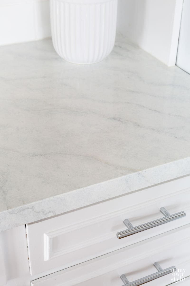 closeup of marble-look countertop in kitchen