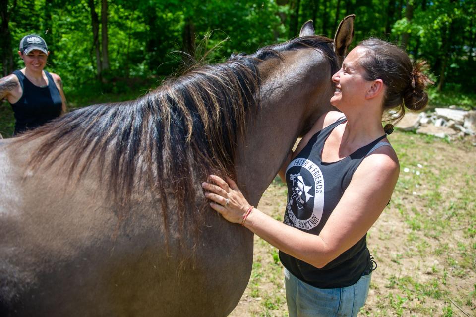 Faith Sadiku, owner of Faith N Friends Horse Rescue, pets one of the ranch's horses in Corryton, Tenn. on Saturday, May 14, 2022.