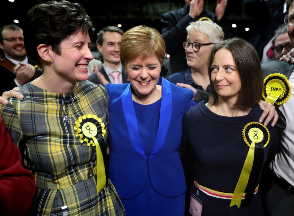 First Minister Nicola Sturgeon celebrates with supporters at the SEC Centre in Glasgow during counting for the 2019 General Election.