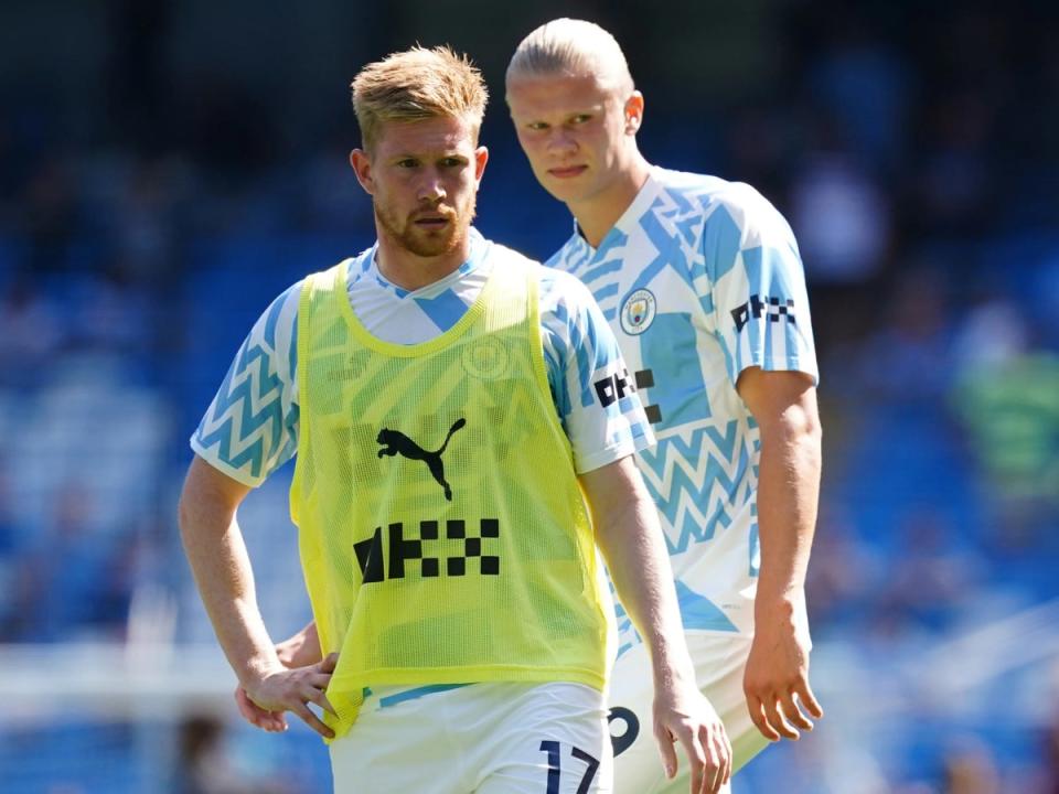Kevin De Bruyne, left, said Erling Haaland played a key role in Manchester City’s win despite his lack of touches (Martin Rickett/PA) (PA Wire)